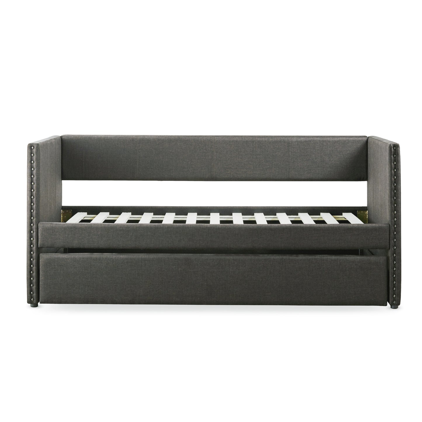 Gray Fabric Upholstered Day Bed with Pull-out Trundle and Nailhead Trim