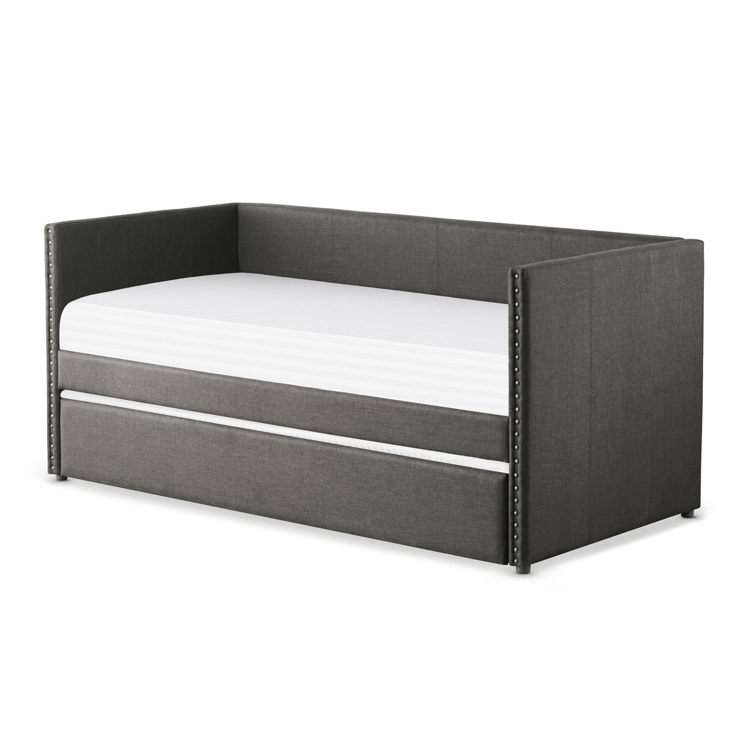 Gray Fabric Upholstered Day Bed with Pull-out Trundle and Nailhead Trim