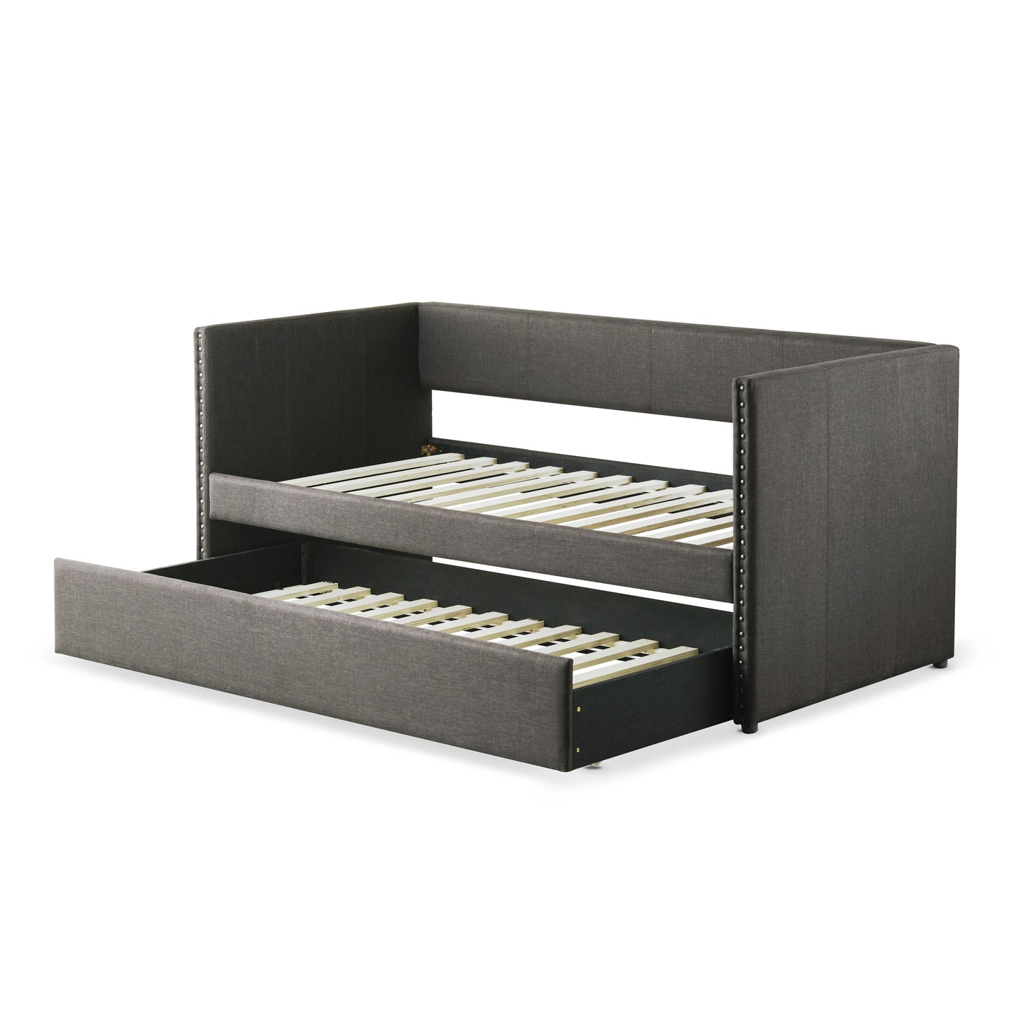 Gray Fabric Upholstered Day Bed with Pull-out Trundle and Nailhead Trim