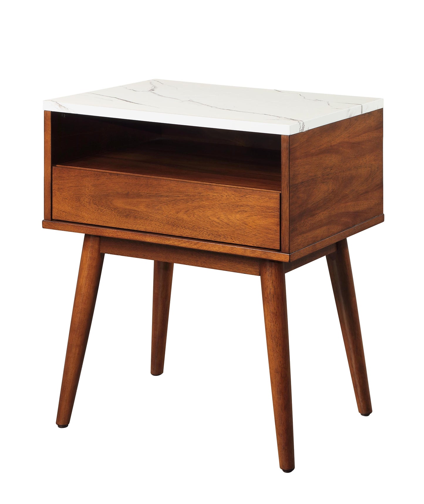 Stylish End Table with Faux Marble Top and Drawer Shelf