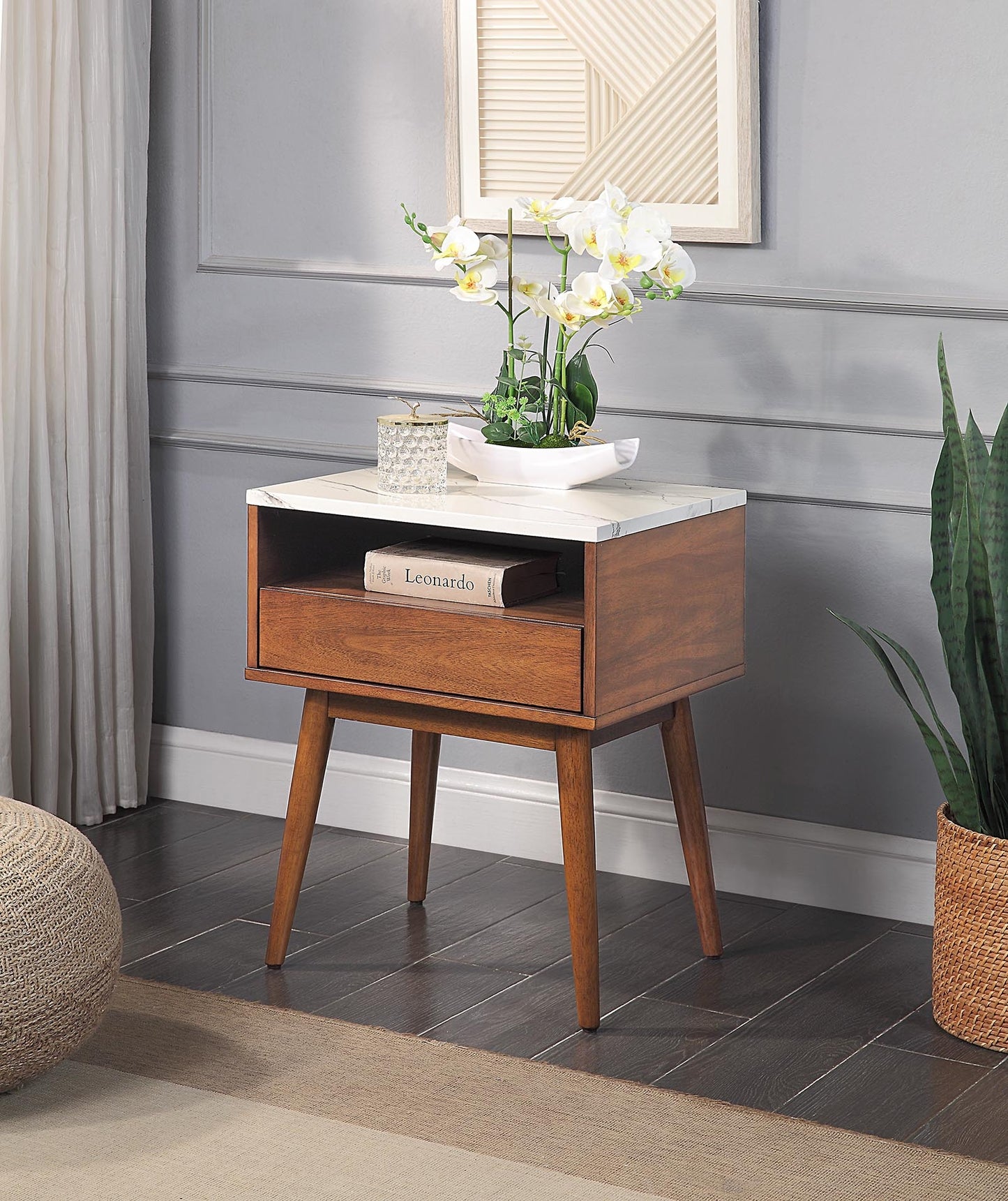 Stylish End Table with Faux Marble Top and Drawer Shelf