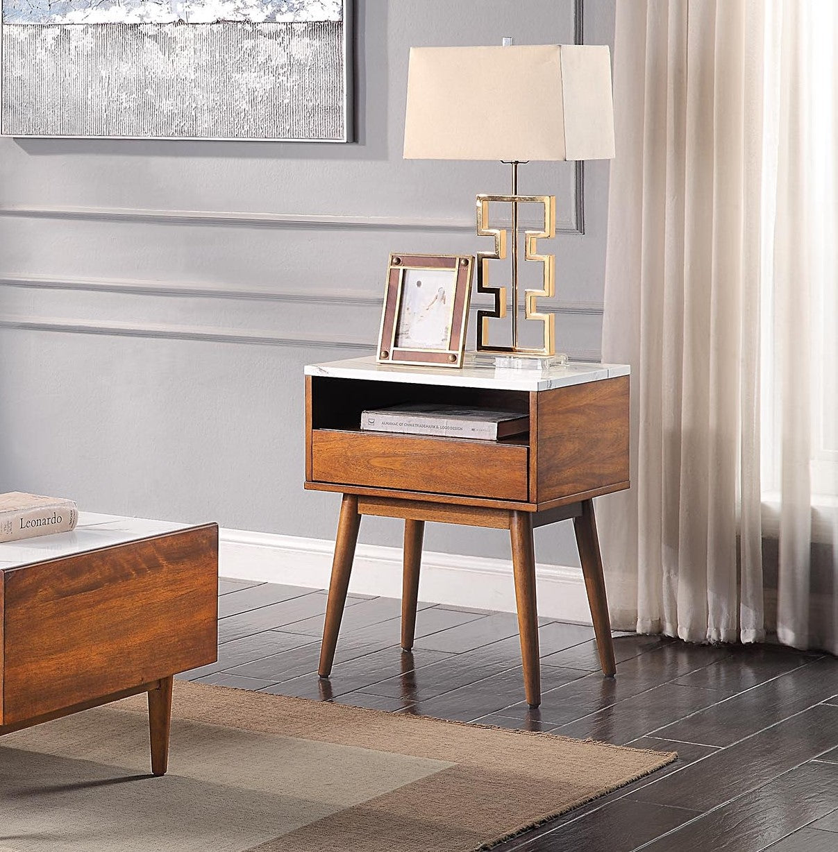 Stylish End Table with Faux Marble Top and Drawer Shelf