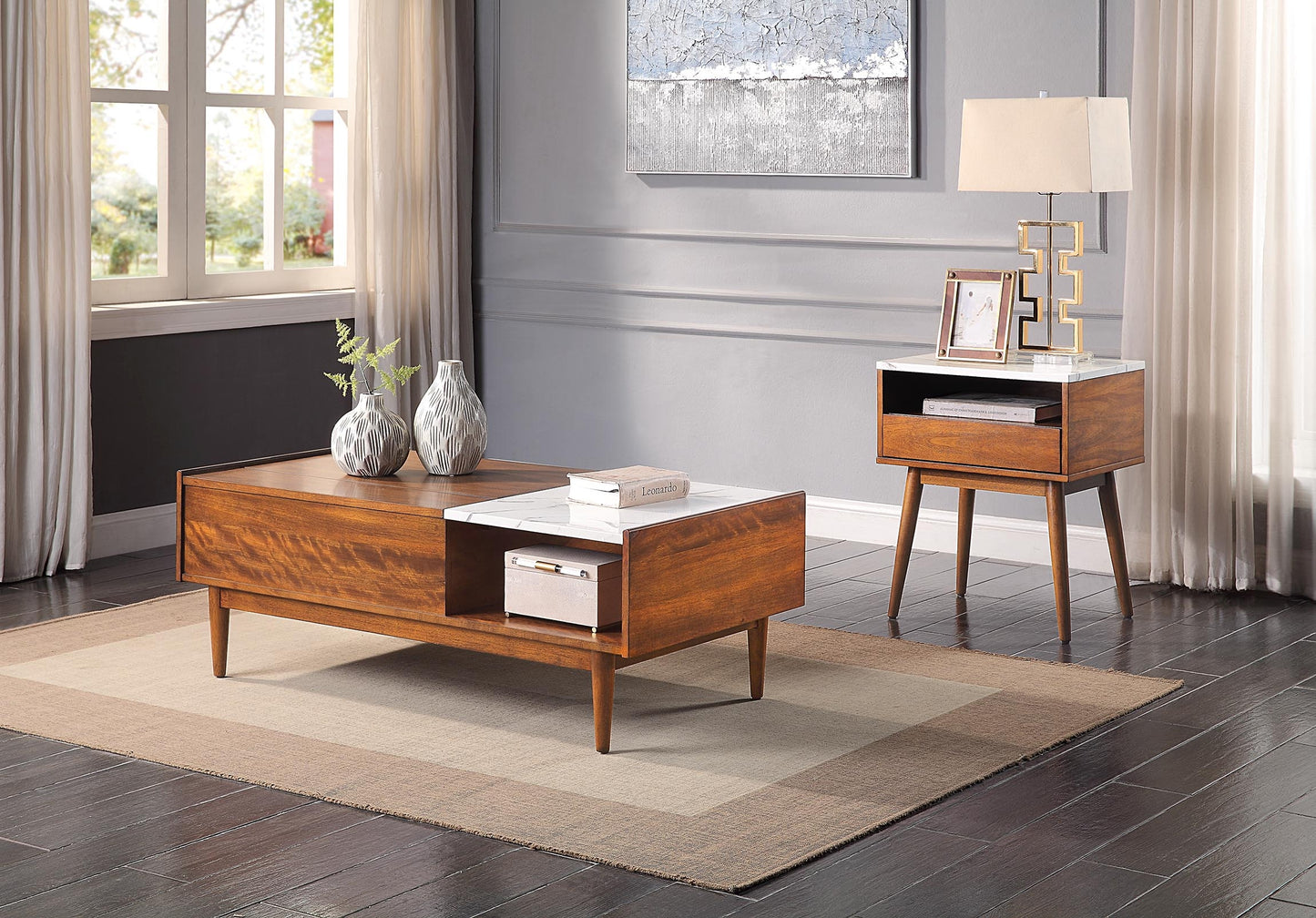 Stylish End Table with Faux Marble Top and Drawer Shelf