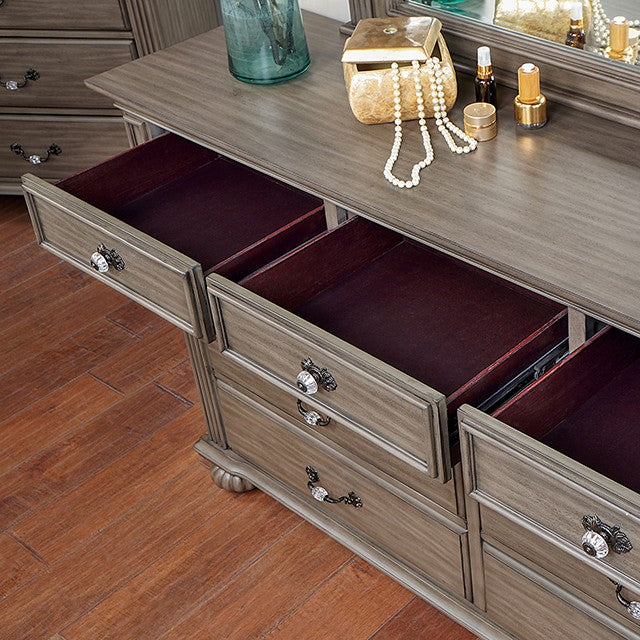Traditional Gray Nightstand with 3 Drawers and Antique Brass Handles