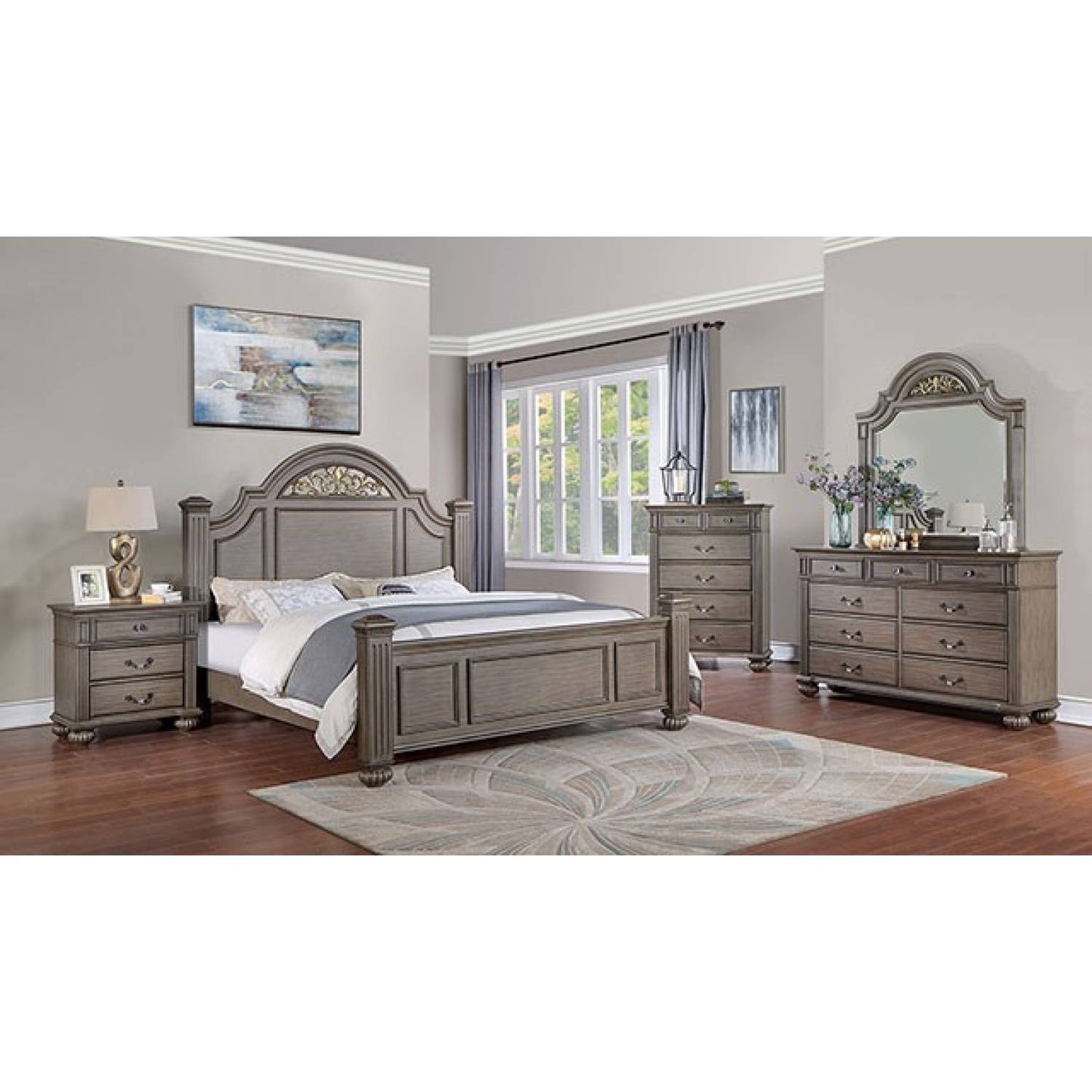 Traditional Gray Nightstand with 3 Drawers and Antique Brass Handles