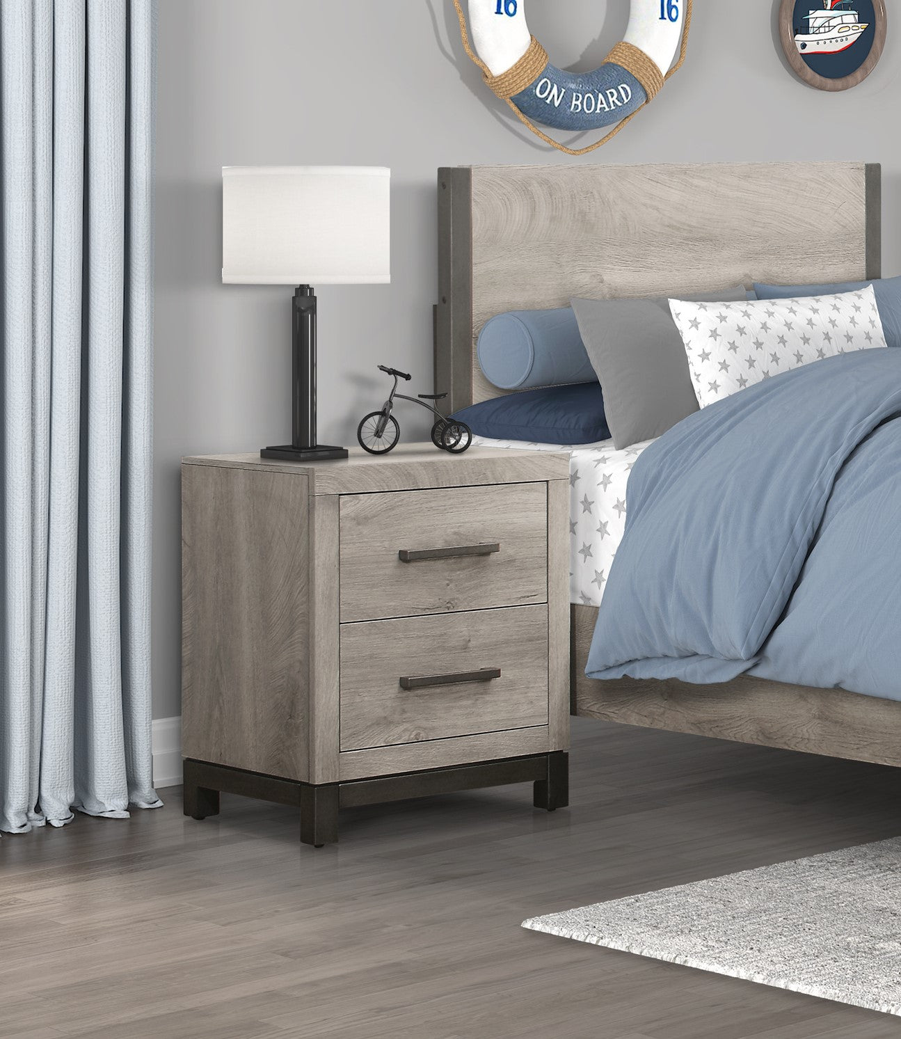 Stylish Gray Nightstand with 2 Drawers and Metal Hardware