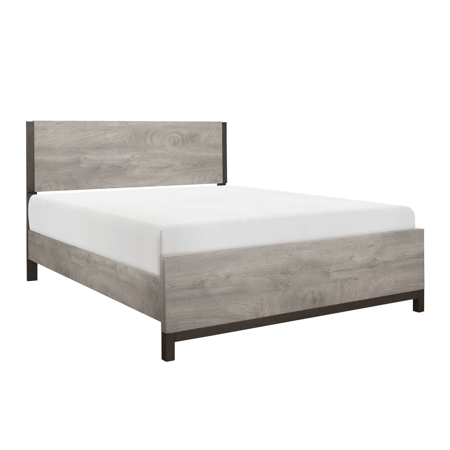 Stylish Queen Size Bed with Light Gray Finish and Metal Accents