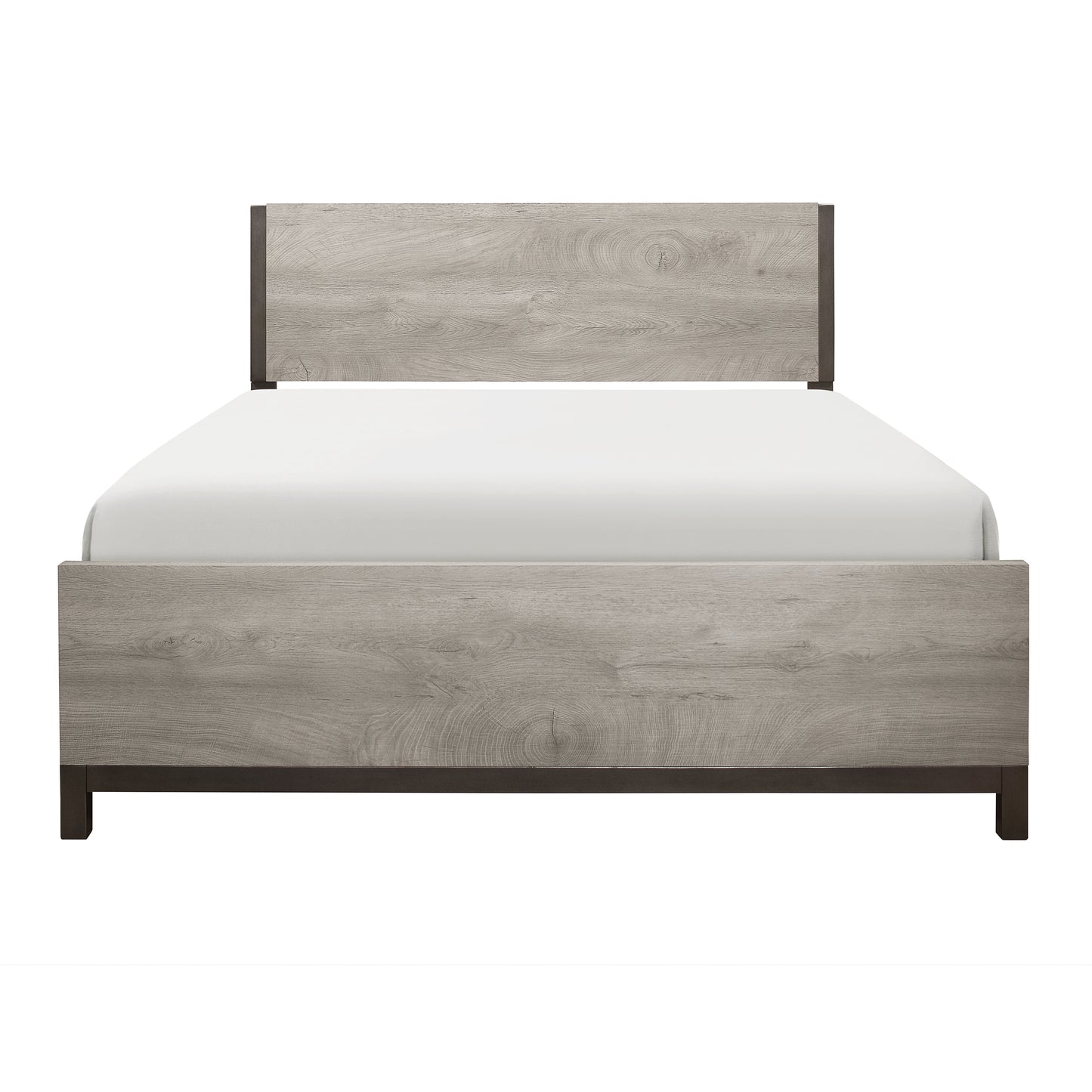 Stylish Queen Size Bed with Light Gray Finish and Metal Accents