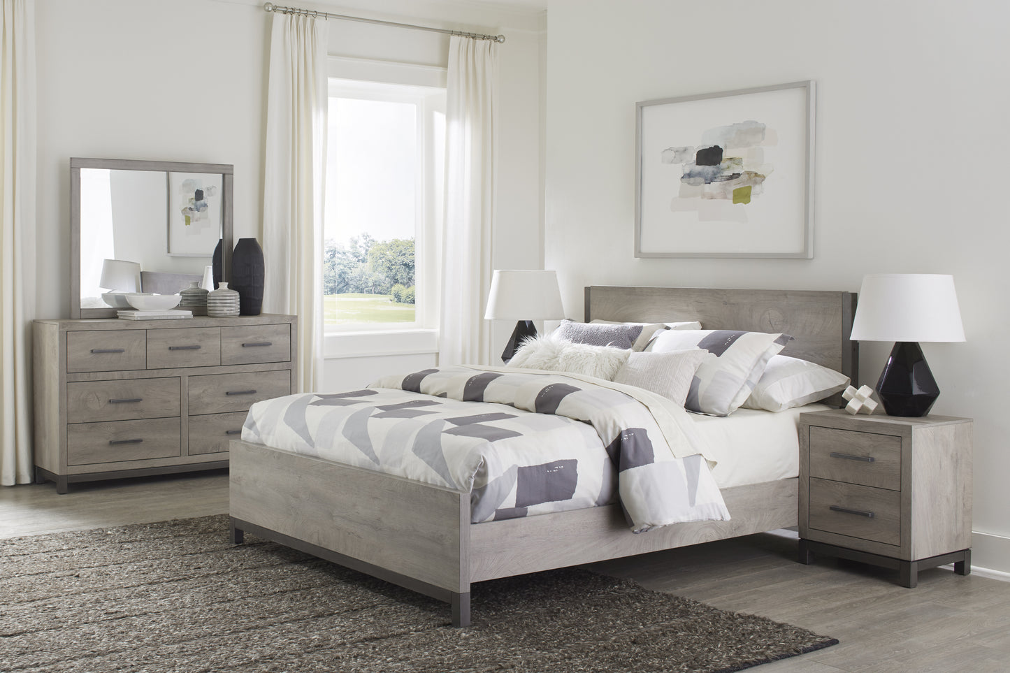 Stylish Queen Size Bed with Light Gray Finish and Metal Accents