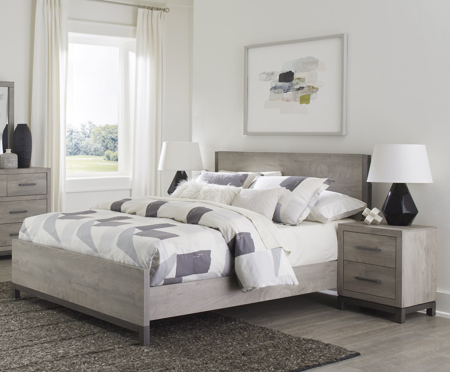 Stylish Queen Size Bed with Light Gray Finish and Metal Accents