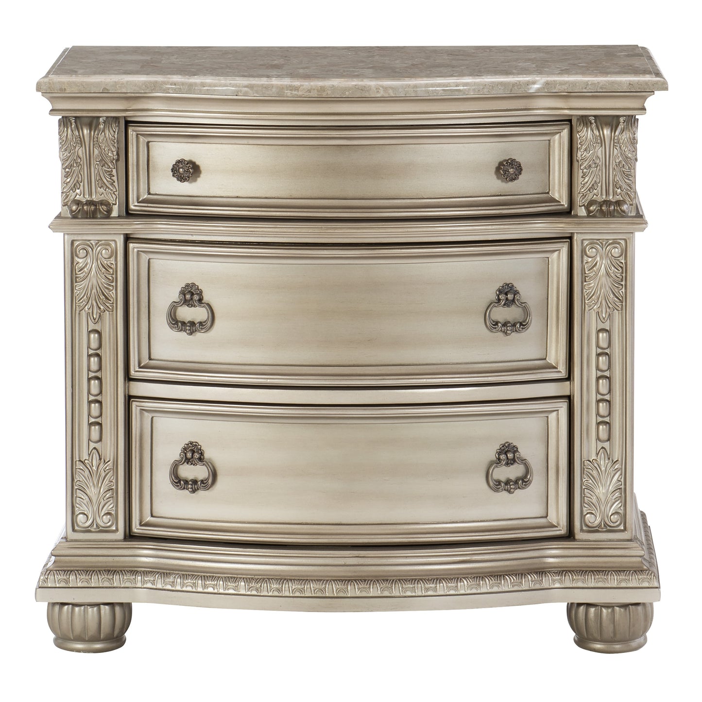 Traditional Nightstand with Marble Top and Silver Finish