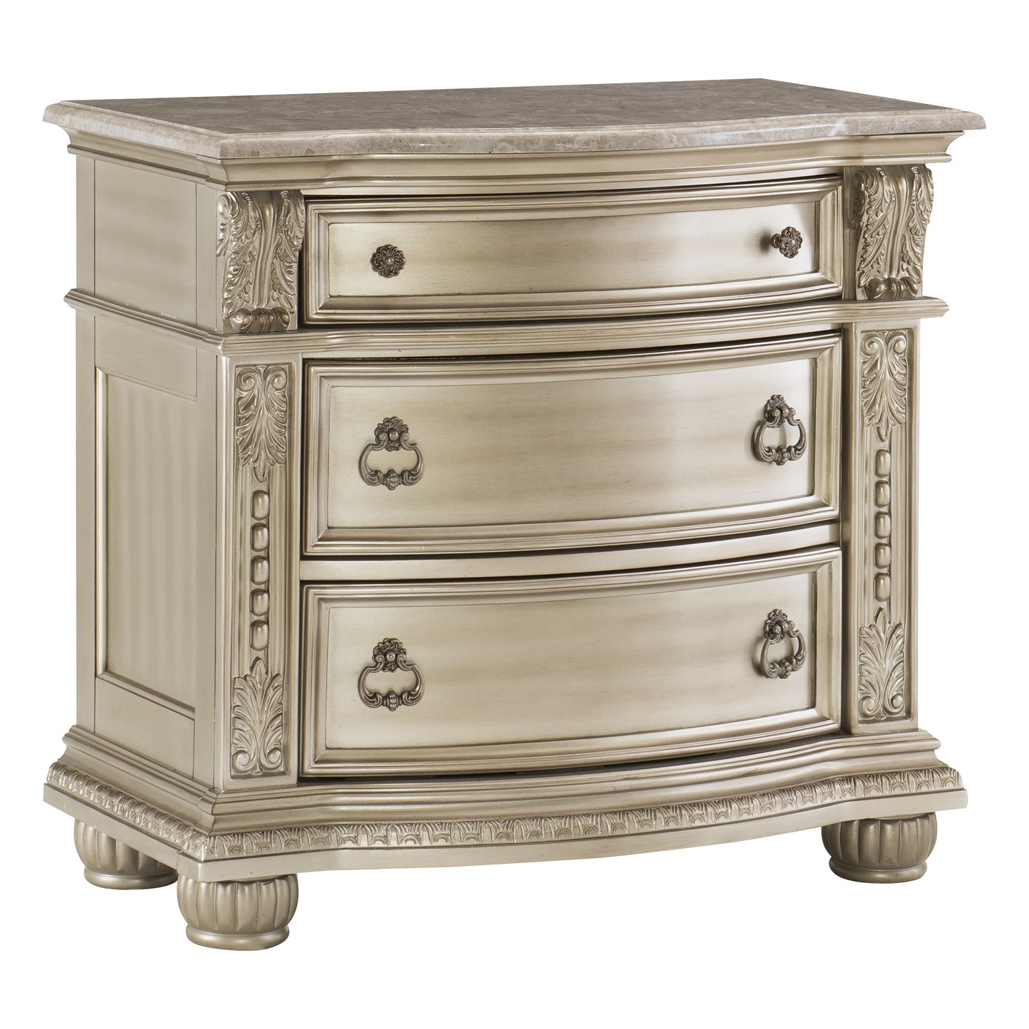 Traditional Nightstand with Marble Top and Silver Finish