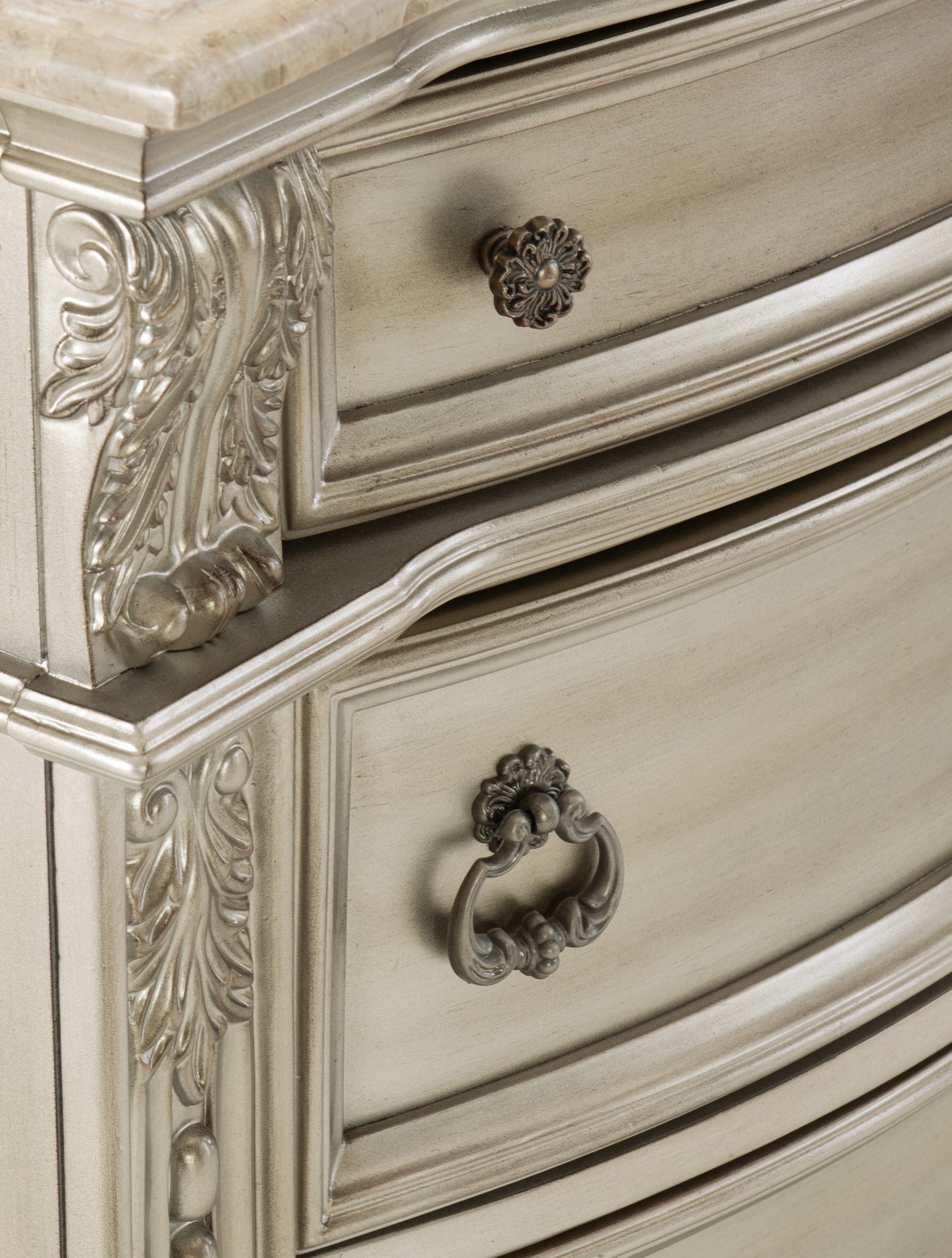 Traditional Nightstand with Marble Top and Silver Finish