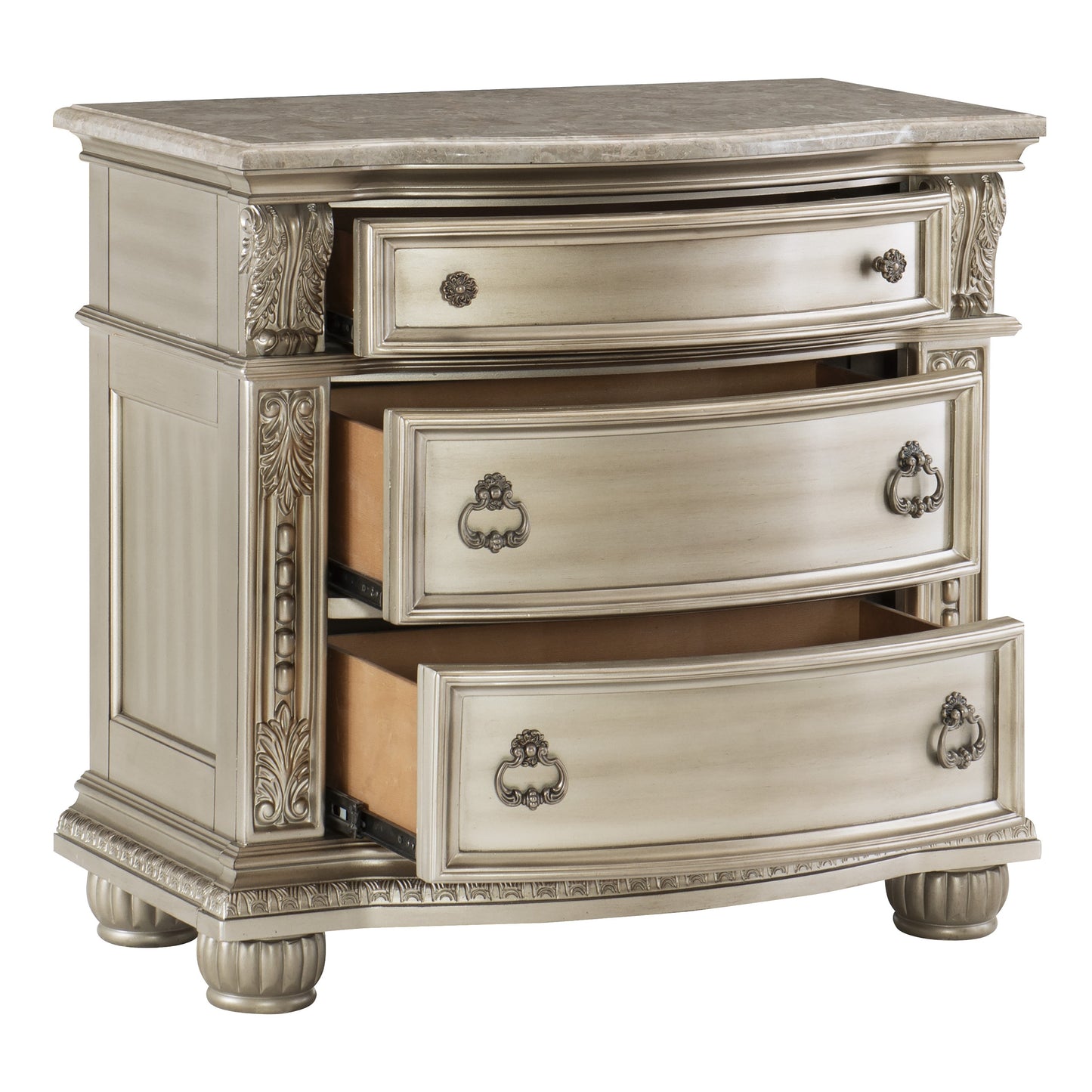 Traditional Nightstand with Marble Top and Silver Finish