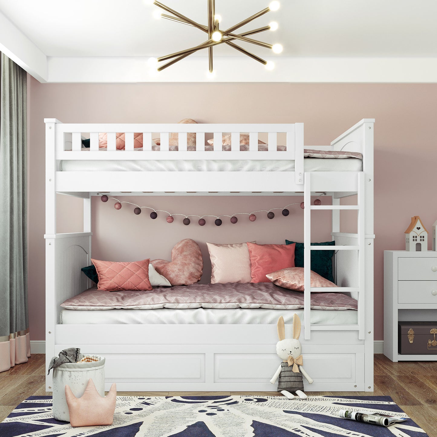 Space-Saving Full Over Full Bunk Bed with Twin Trundle, White