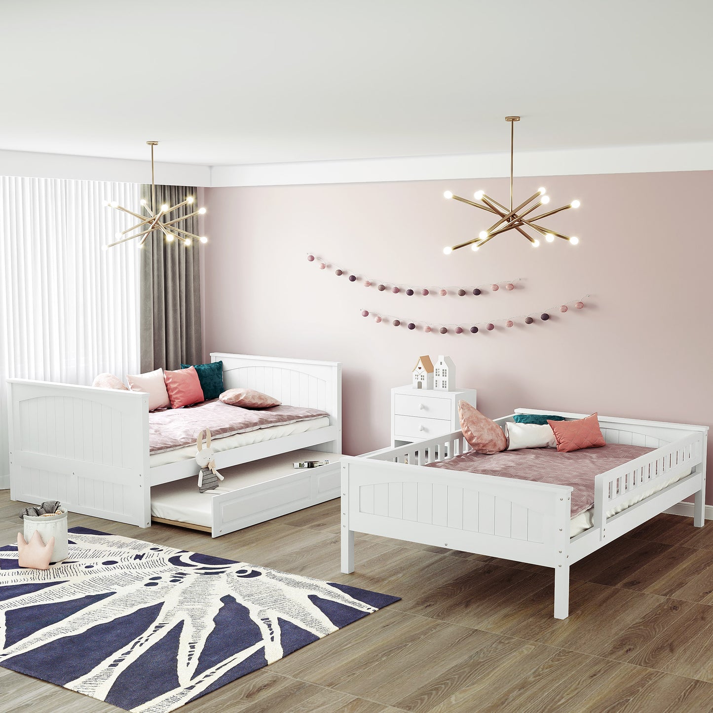 Space-Saving Full Over Full Bunk Bed with Twin Trundle, White