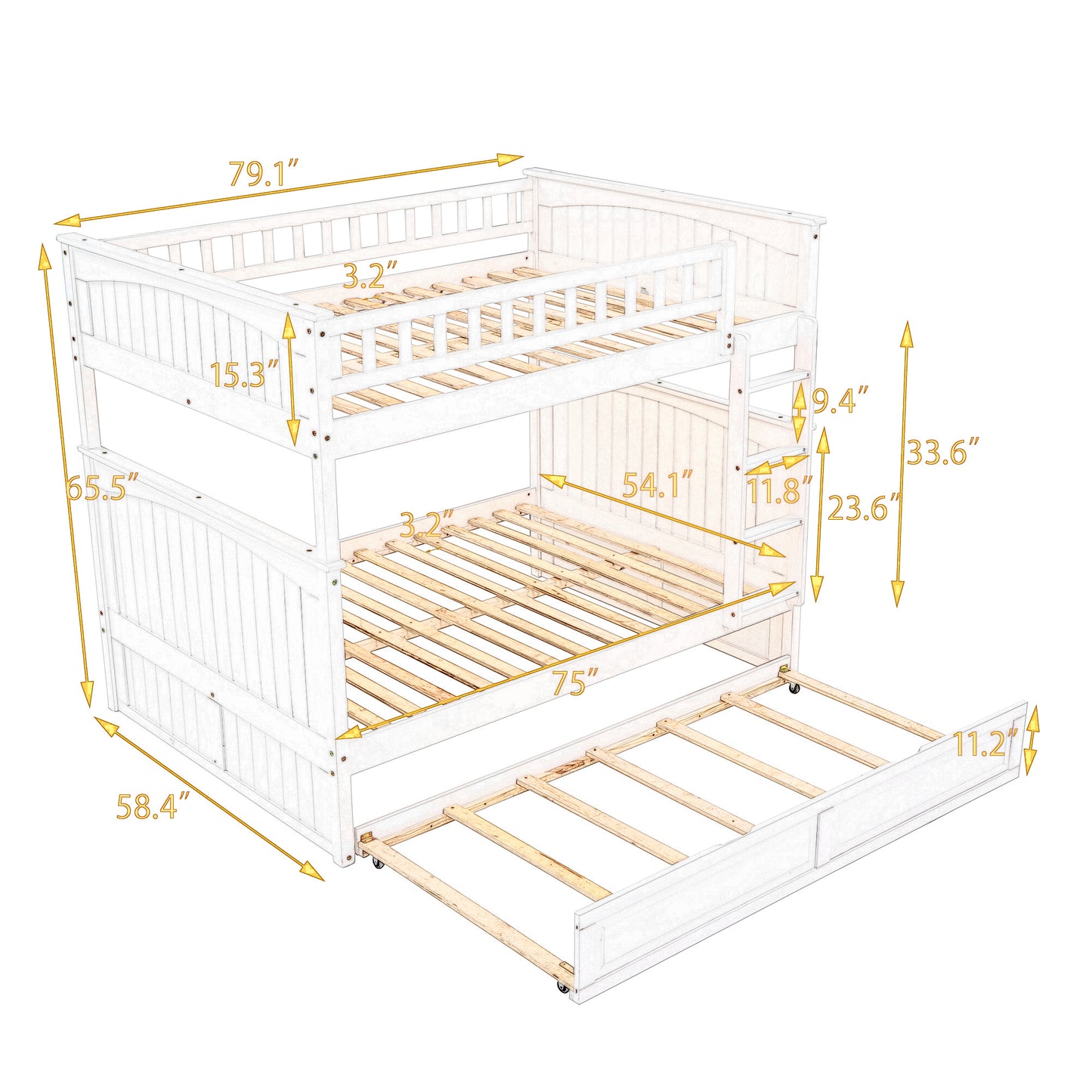 Space-Saving Full Over Full Bunk Bed with Twin Trundle, White