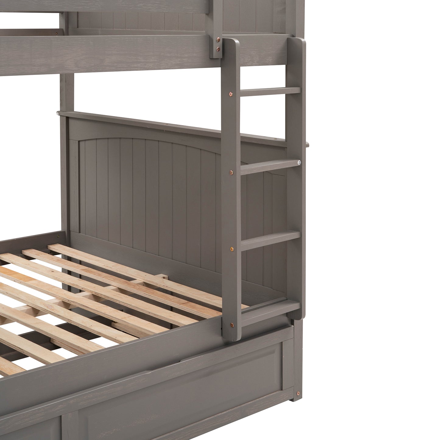 Space-Saving Full Over Full Bunk Bed with Twin Trundle, Brushed Gray