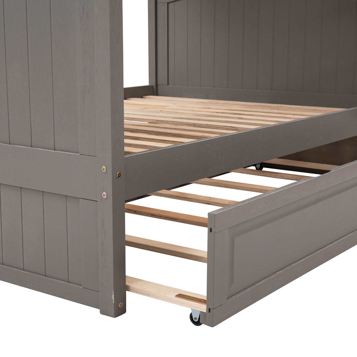 Space-Saving Full Over Full Bunk Bed with Twin Trundle, Brushed Gray