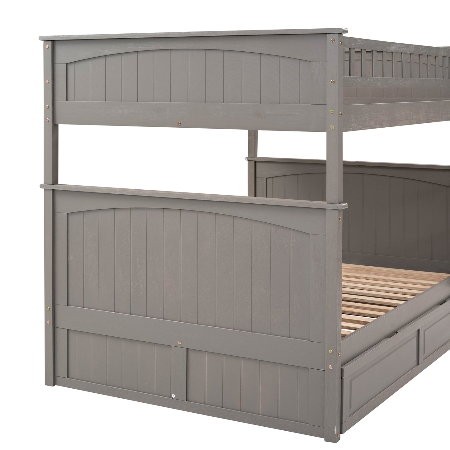 Space-Saving Full Over Full Bunk Bed with Twin Trundle, Brushed Gray