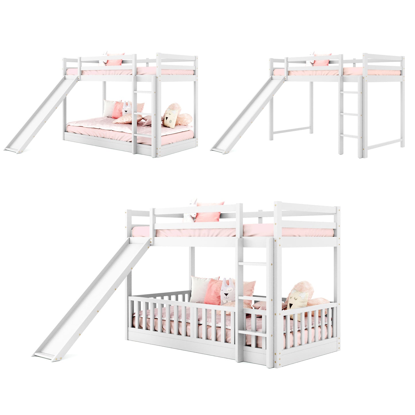 Space-saving Twin Over Twin Bunk Bed with Slide and Ladder in White