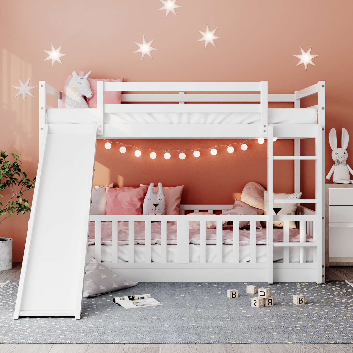 Space-saving Twin Over Twin Bunk Bed with Slide and Ladder in White