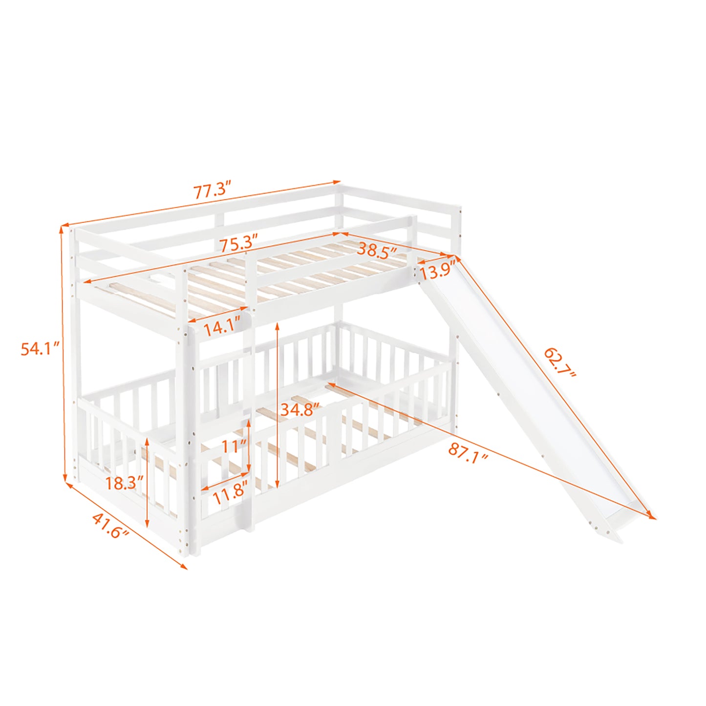 Space-saving Twin Over Twin Bunk Bed with Slide and Ladder in White