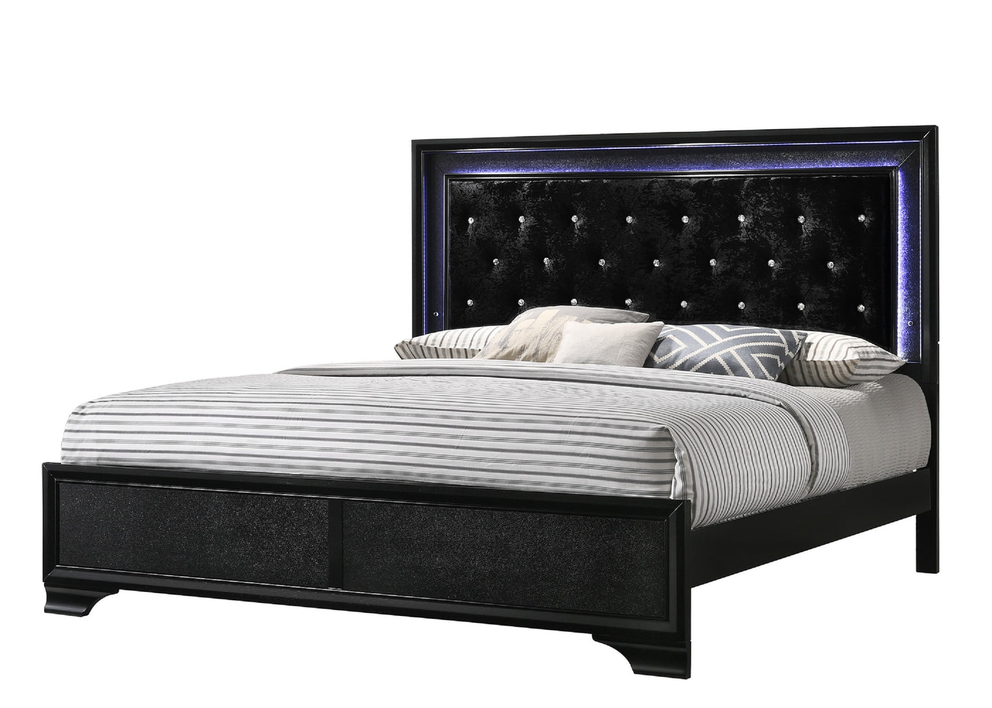 Luxurious black velvet tufted bed frame with crystal accents and LED headboard lighting