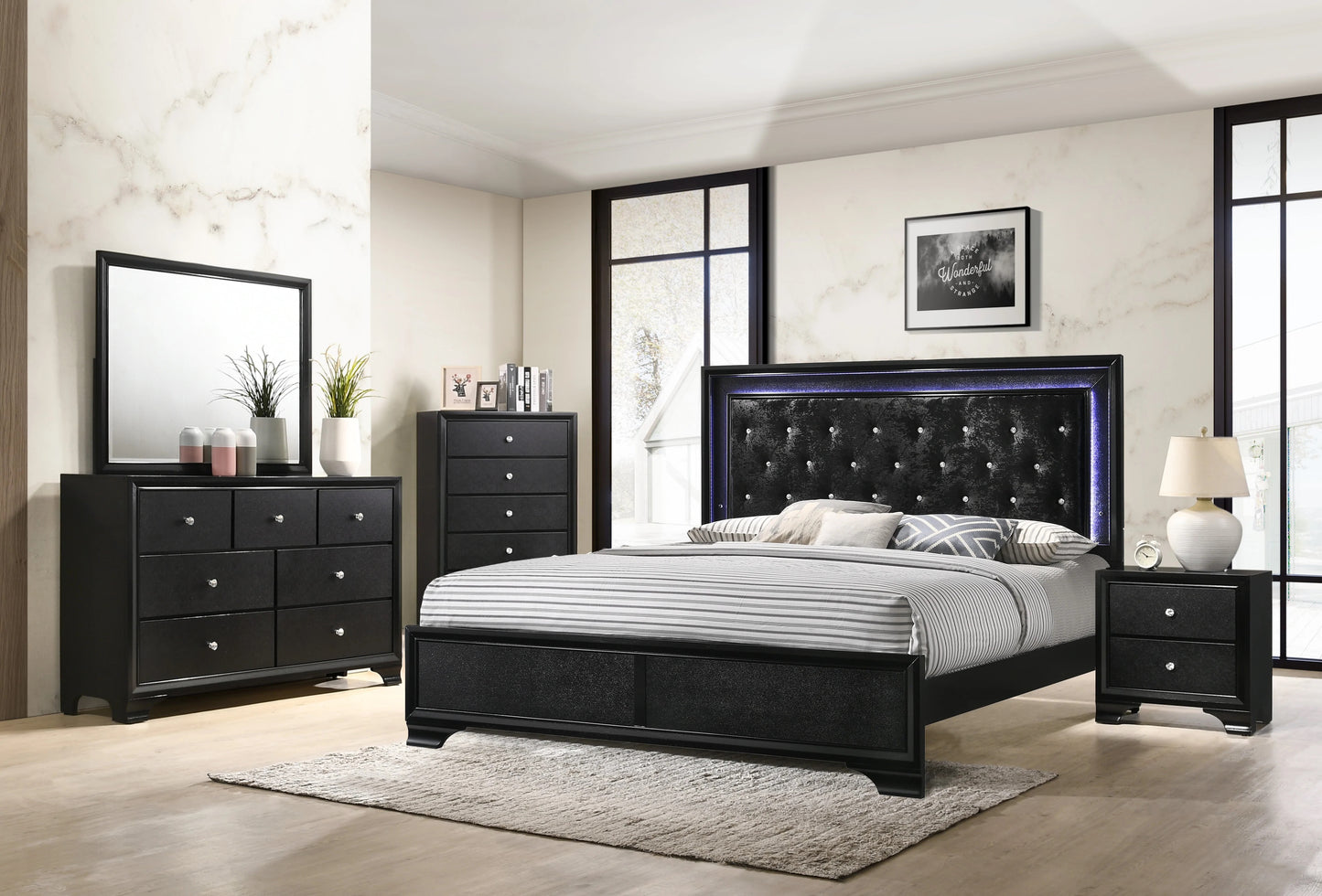 Stylish Black King Size Upholstered Bed with LED Headboard