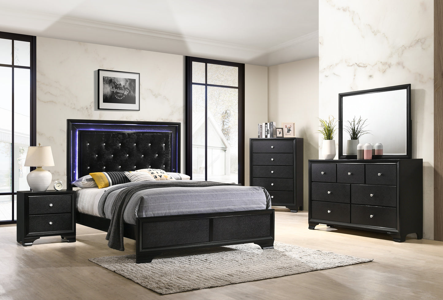 Comfortable Queen Size Upholstered Bed with LED Headboard