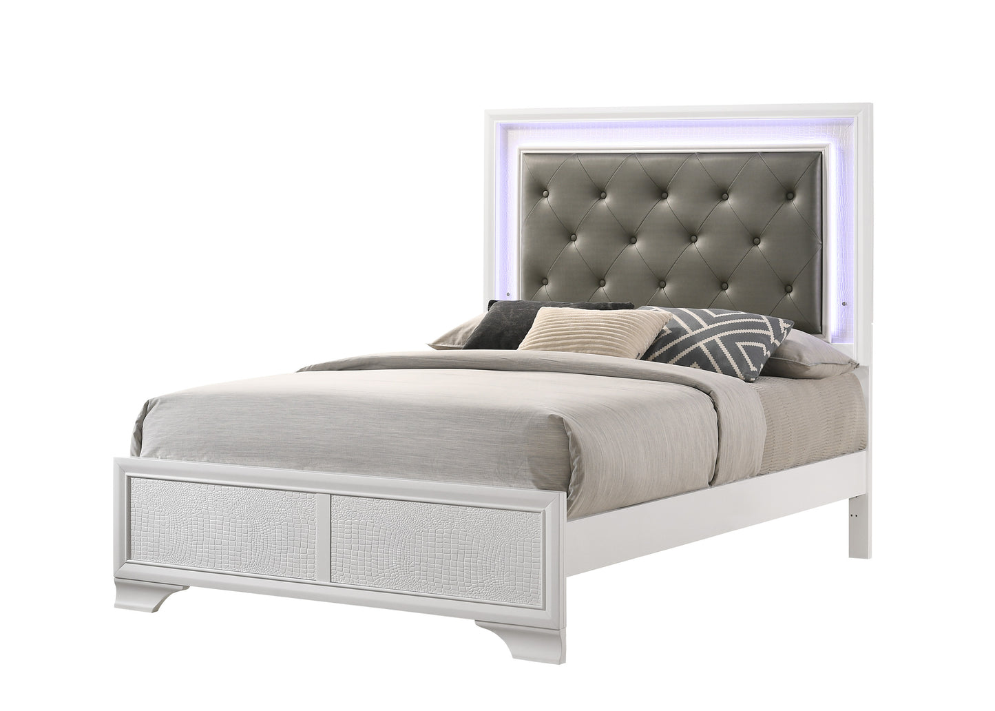White modern bed with tufted gray headboard and LED lighting