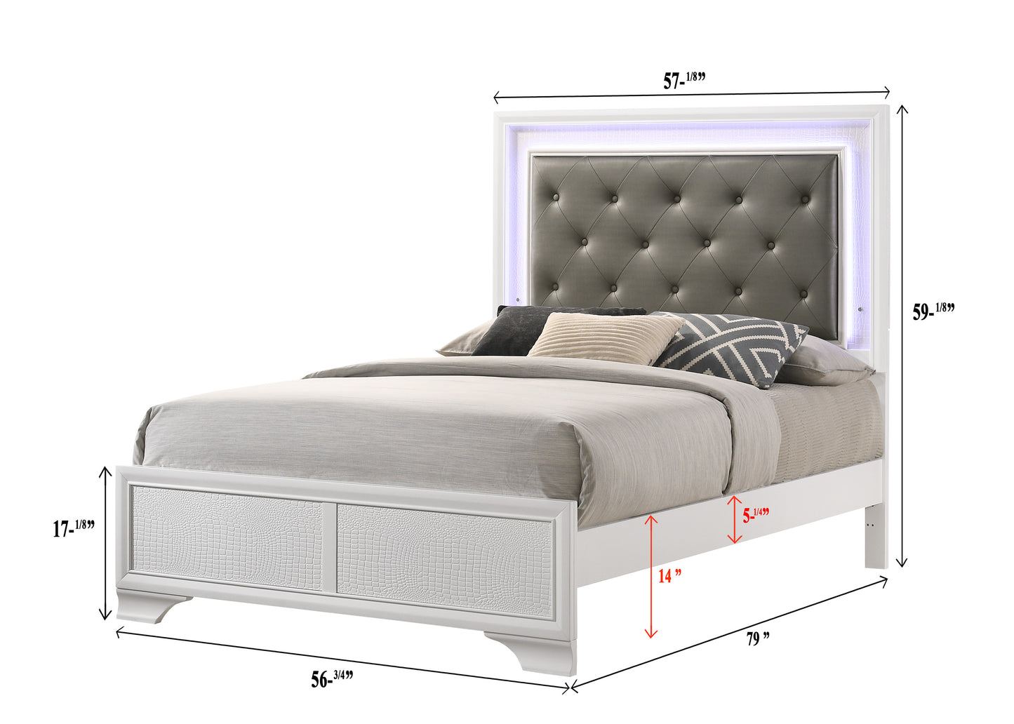 Stylish LED Panel Bed with Upholstered Headboard - White