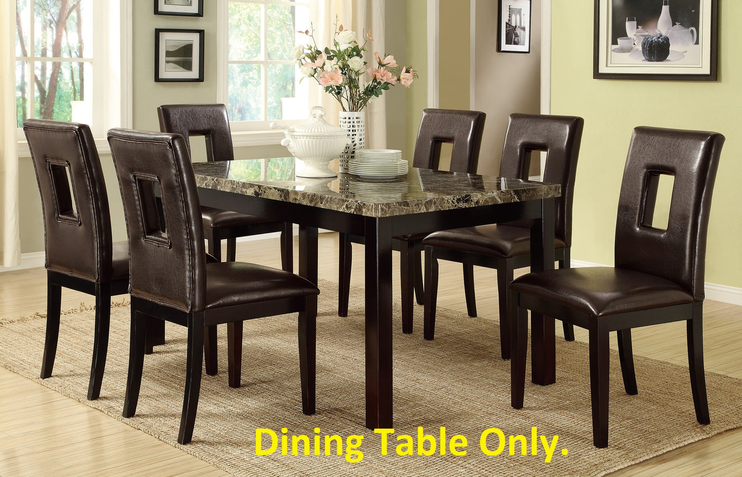 Contemporary Dining Table with Faux Marble Top and Dark Brown Finish