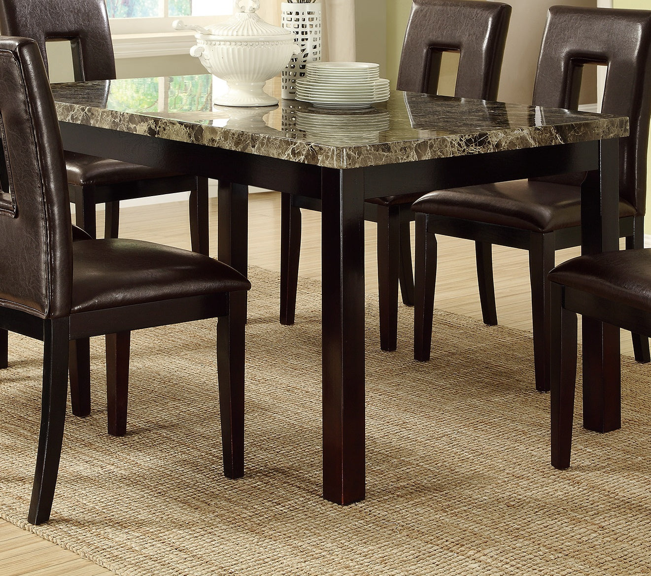 Contemporary Dining Table with Faux Marble Top and Dark Brown Finish