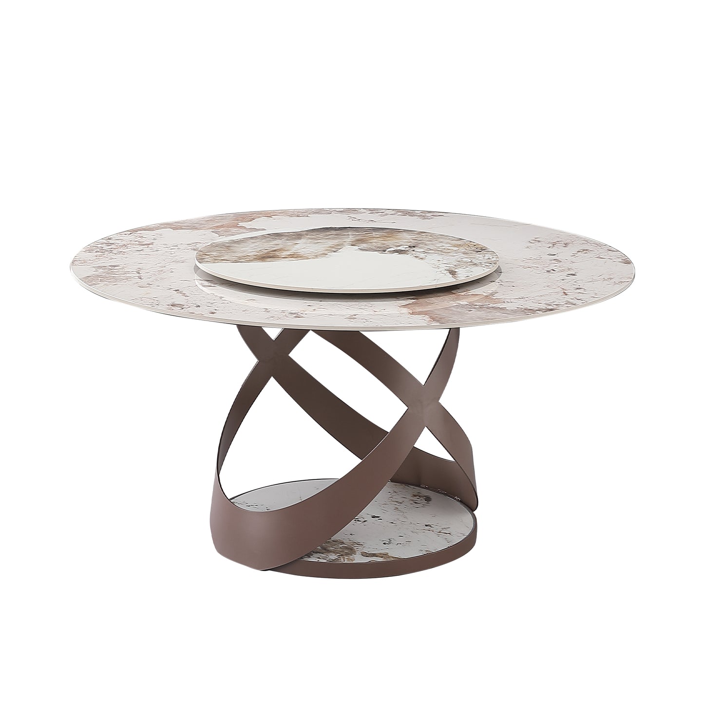 Round marbleeffect dining table with a twisting bronze base
