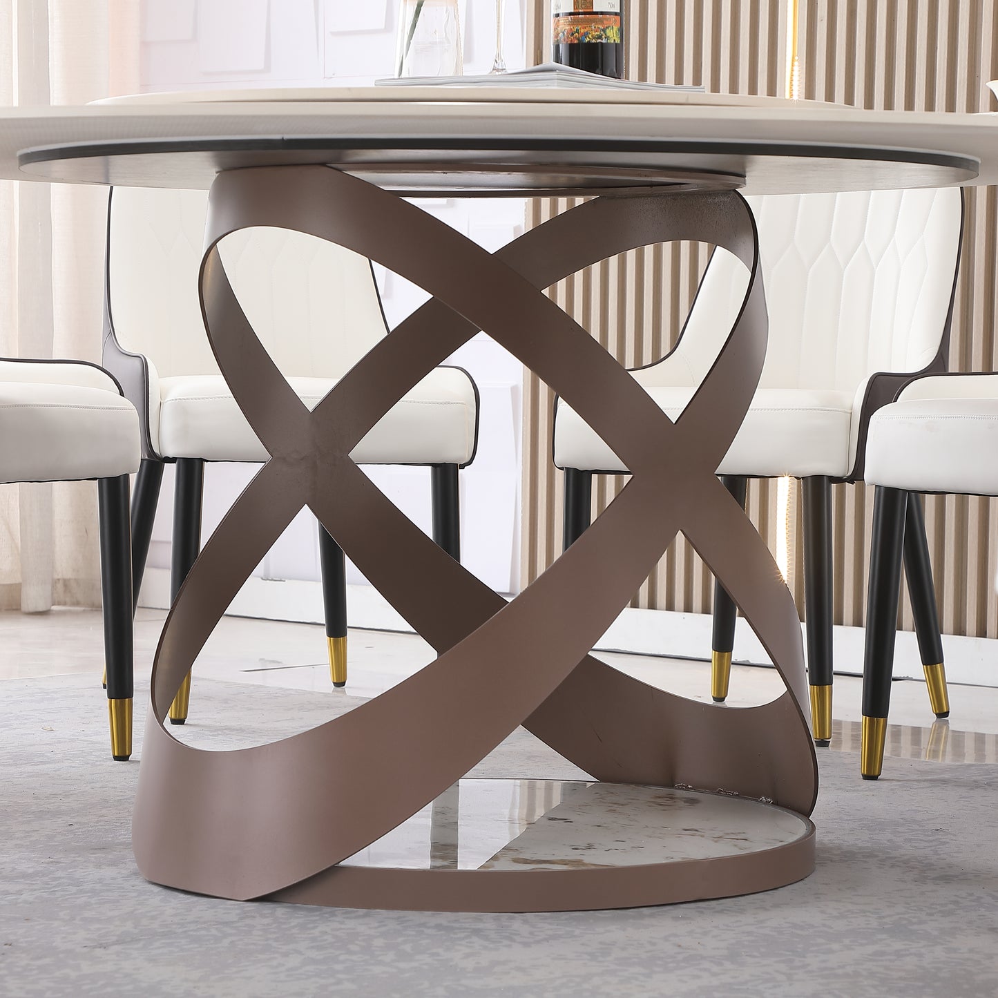 Modern round marble dining table with bronze metal base