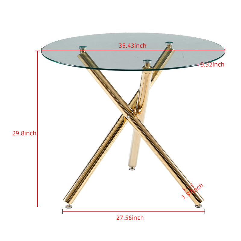 Round glass coffee table with gold crisscross legs