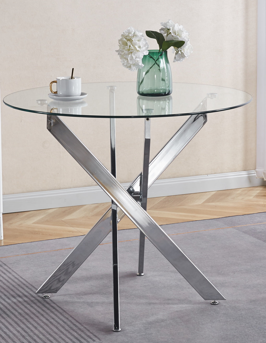 Round glass top dining table with chrome Xbase