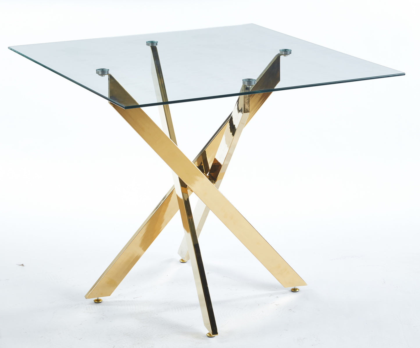 Square glass top dining table with gold Xshaped pedestal base