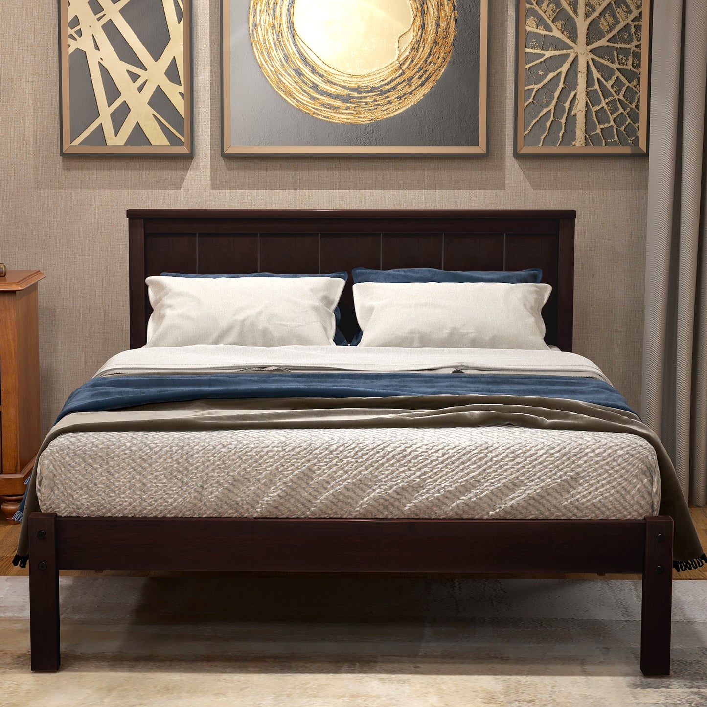 Dark brown wooden platform bed with paneled headboard and beige bedding
