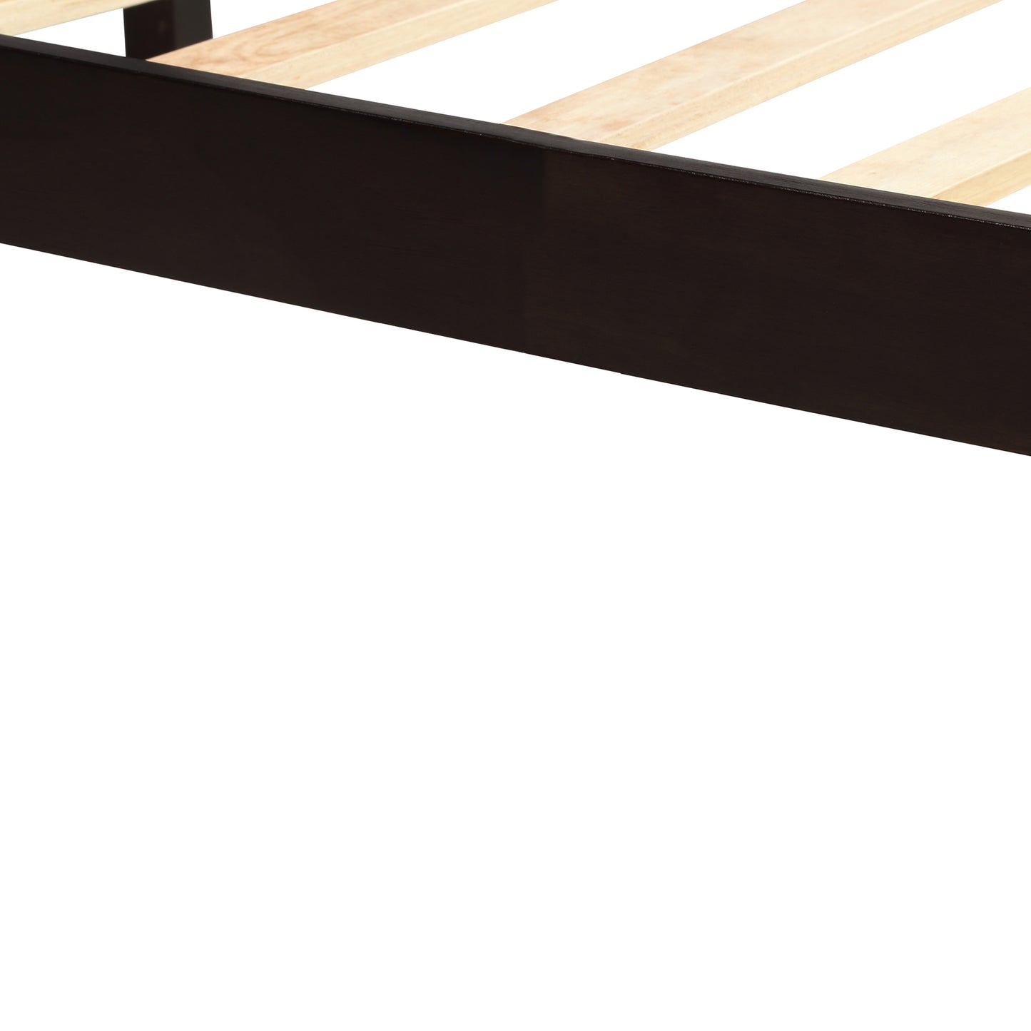 Dark brown wooden bed frame with natural wood slats