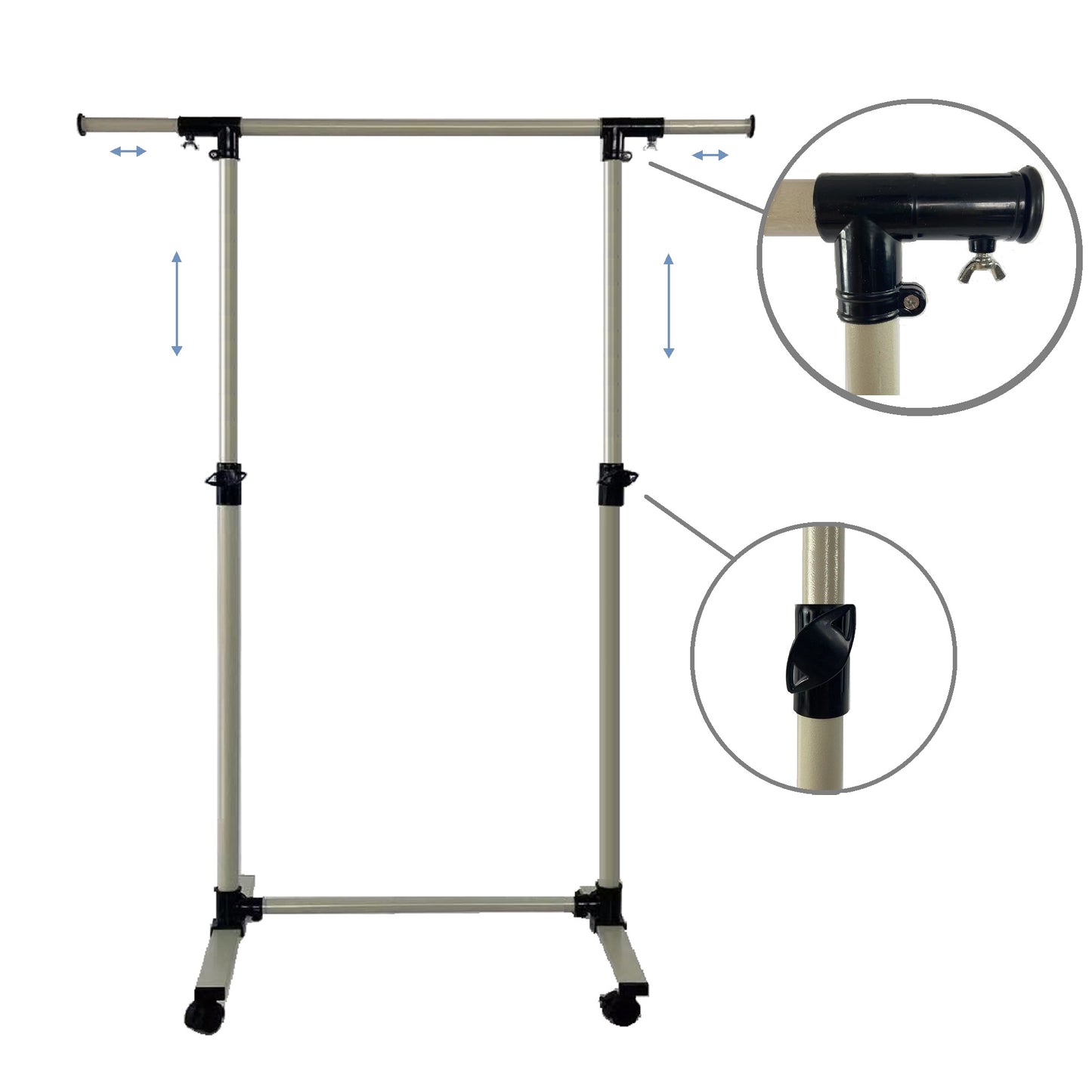 Adjustable garment rack with wheels and extendable bar