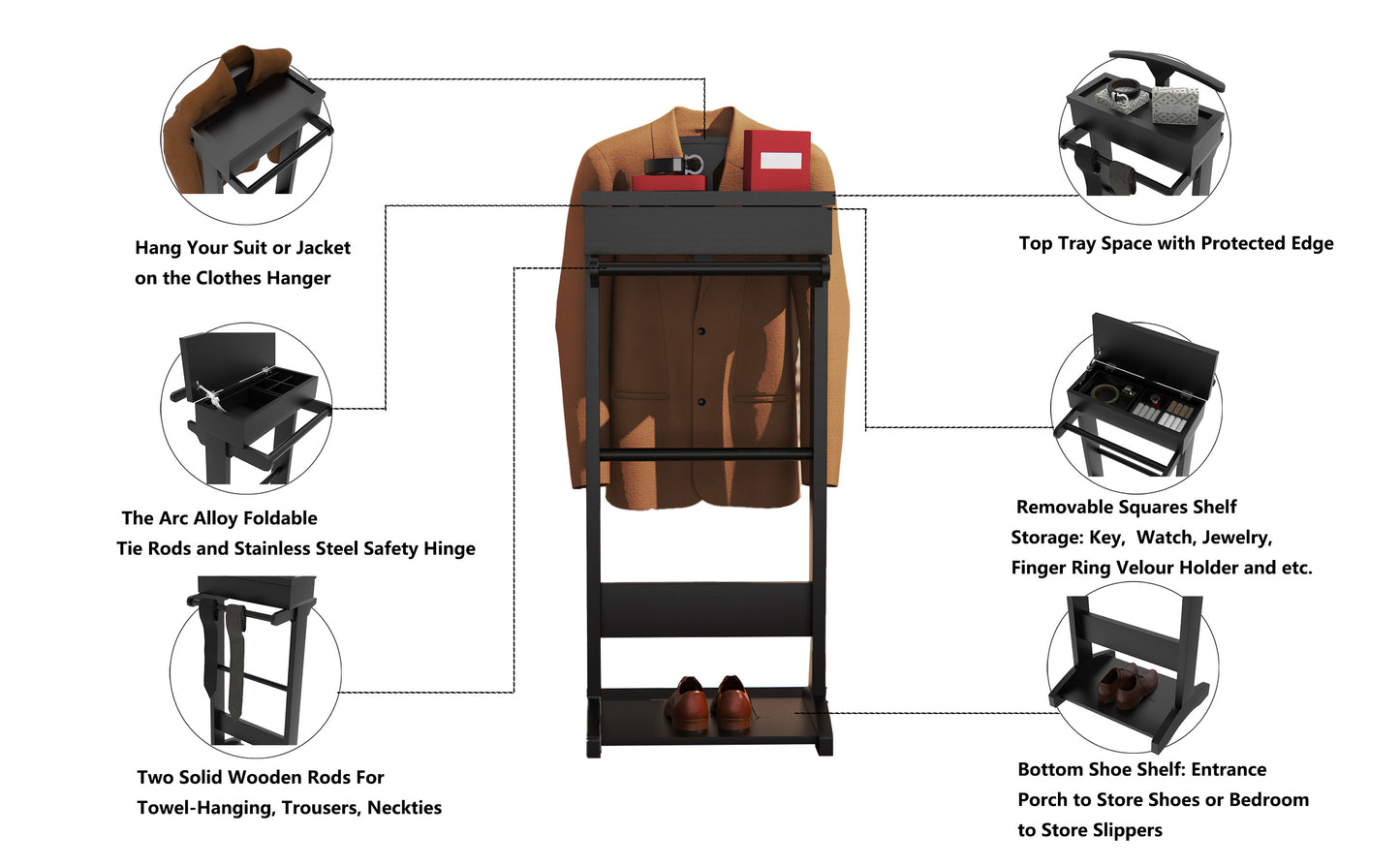 Black valet stand with jacket draped