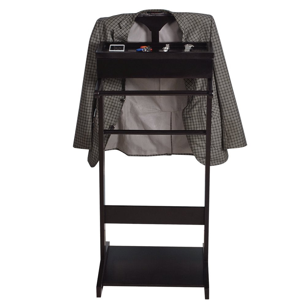 Dark wood valet stand with jacket and accessories tray
