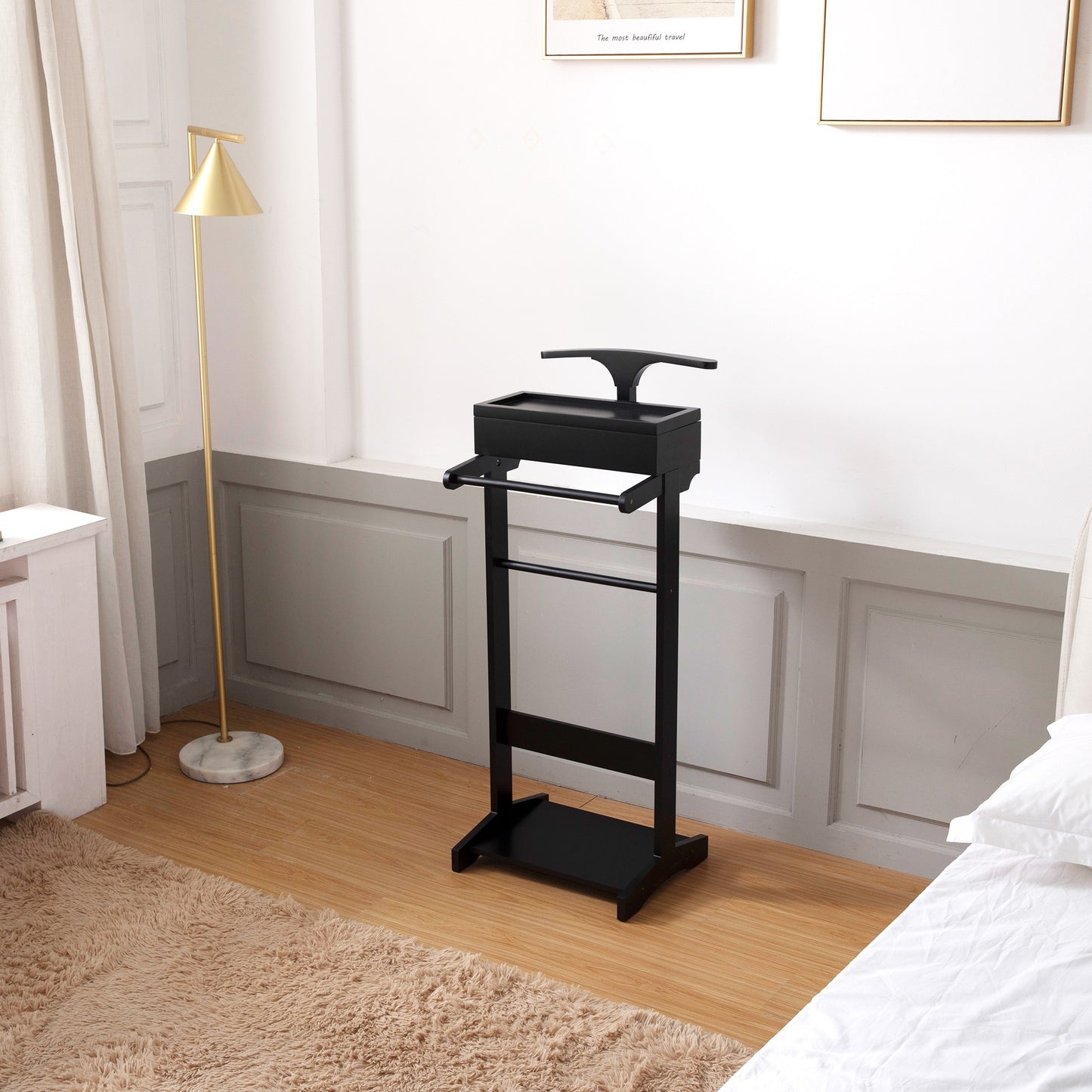 Black valet stand with garment rack and tray