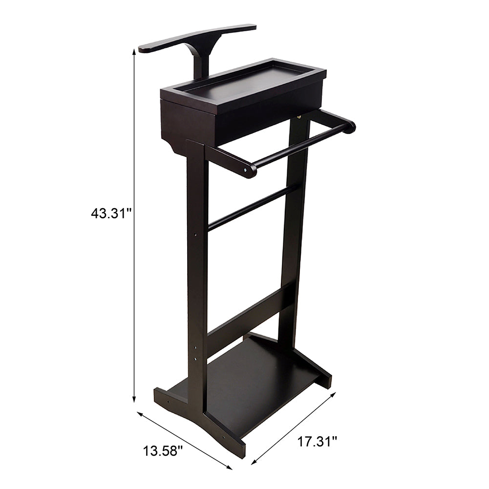 Dark brown wooden valet stand with tray and garment rack
