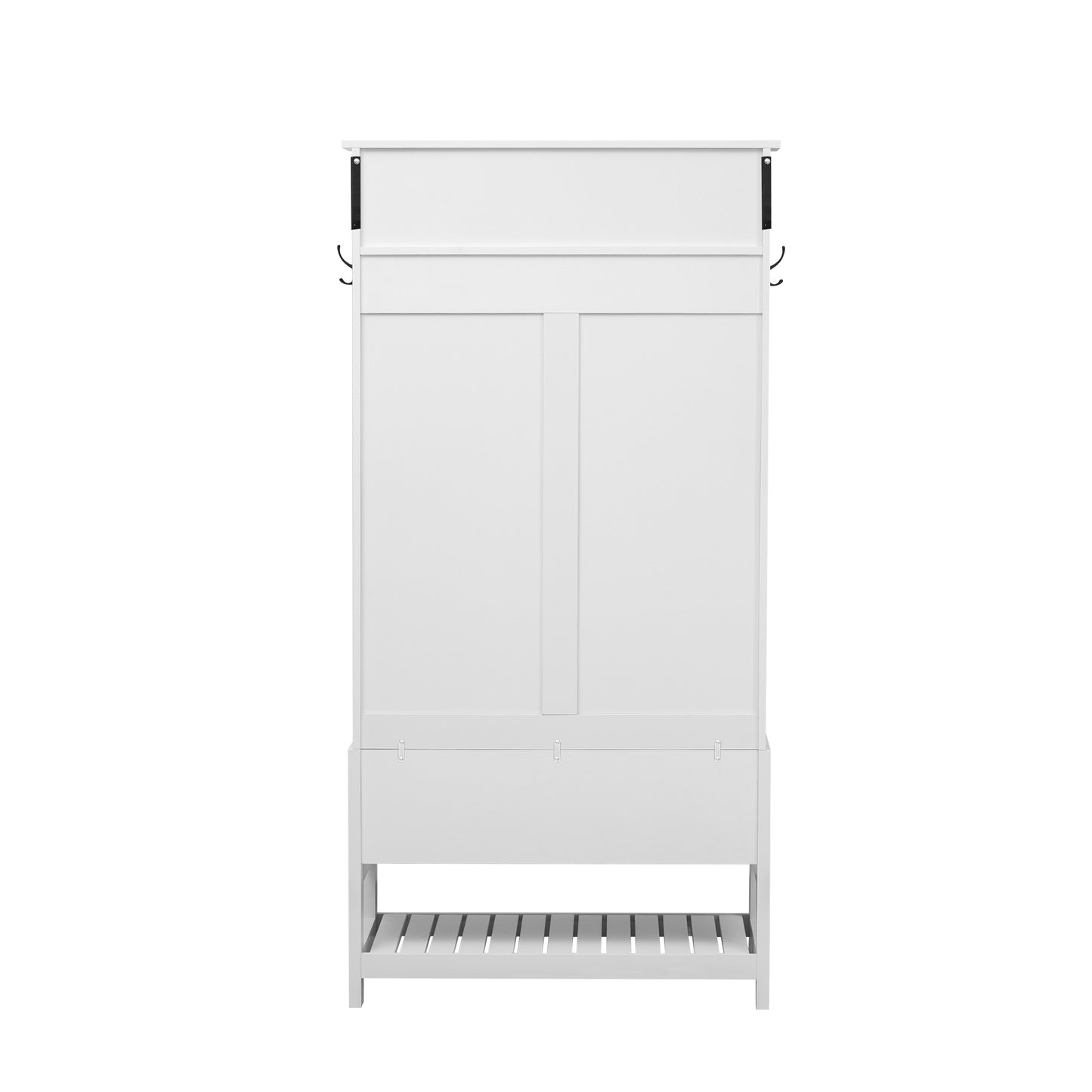 White wooden hall tree with coat hooks and storage bench