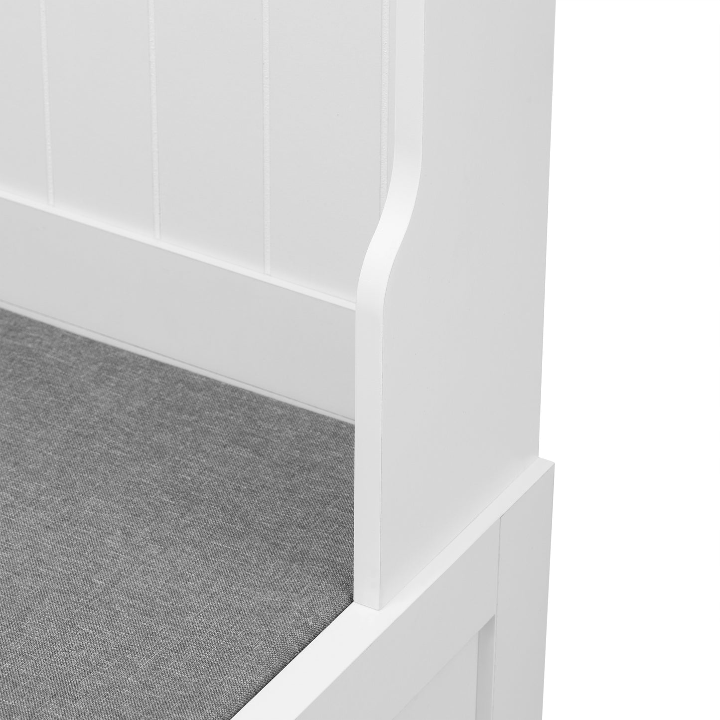 White wood hallway bench with grey upholstered seat