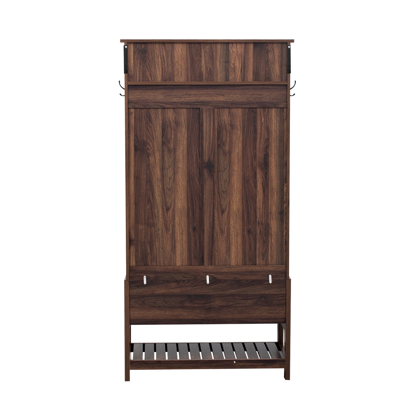 Dark wood hall tree with hooks and open shoe rack