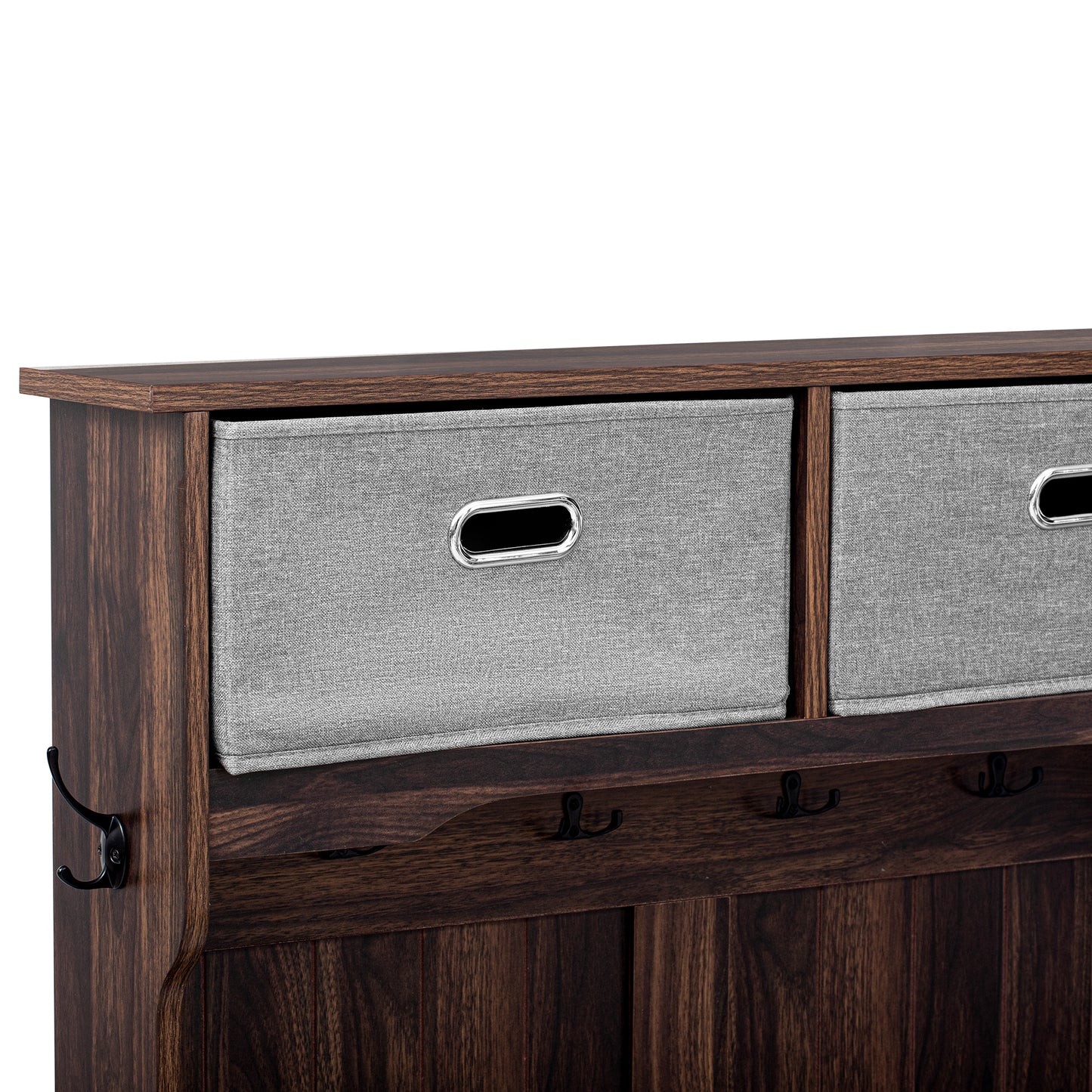 Dark wood hall tree with two grey fabric storage bins and black hooks